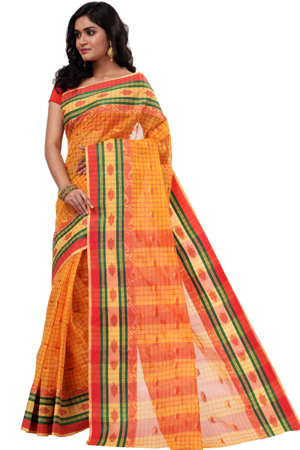 Yellow Pure Cotton ChakButi Tant Saree (125)